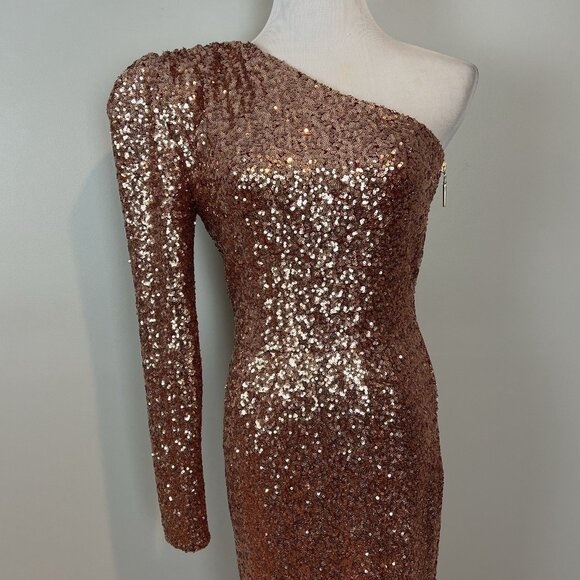 Bronx & Banco Gold Dress US Size 8 Sequin Jersey One Shoulder Goddess - Picture 3 of 16